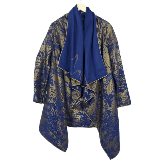 Samuel Sweaters - Samuel Womens Tunic Cardigan Sweater Medium Blue Gold Long Sleeves Embroidered